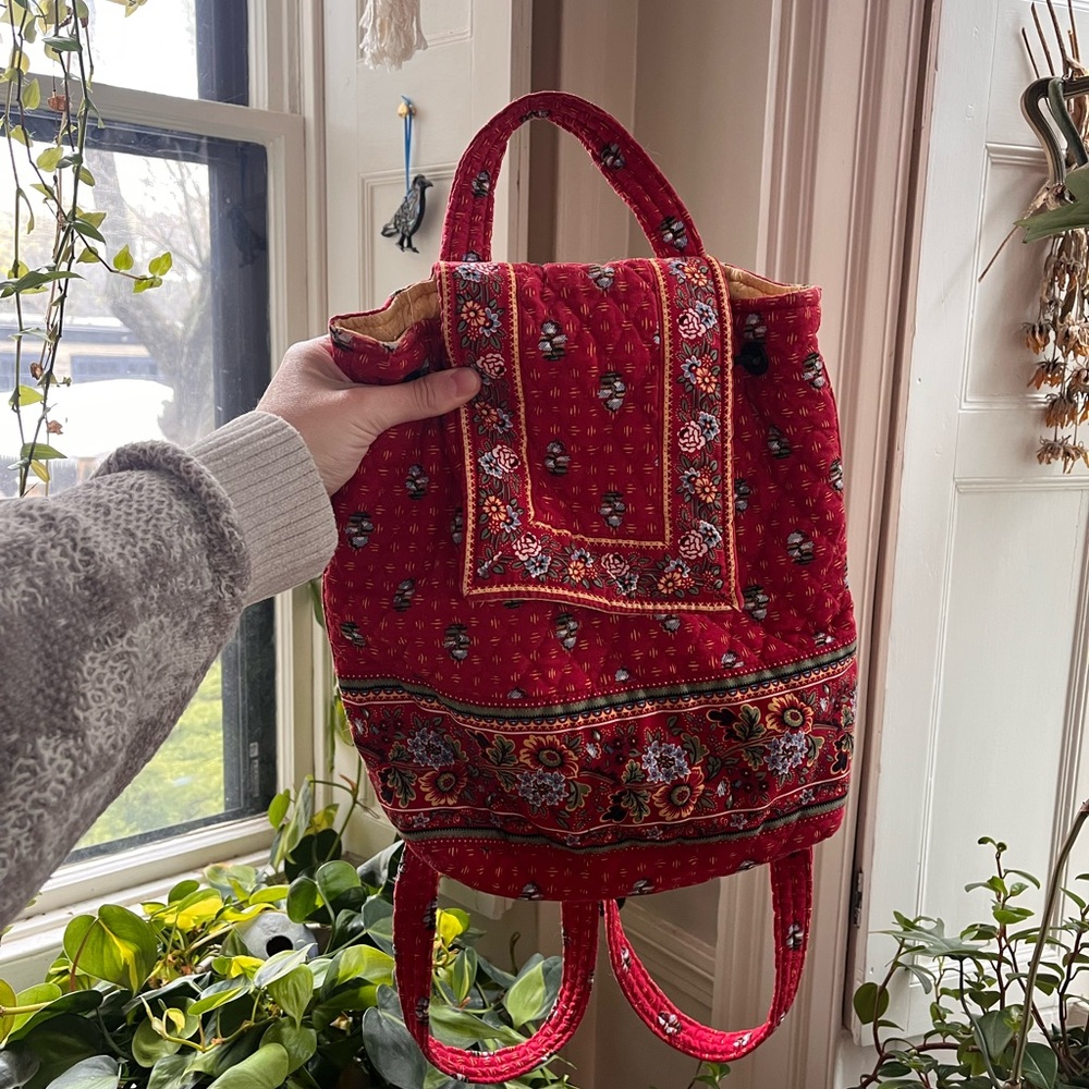 Quilted Red Floral Tote Backpack